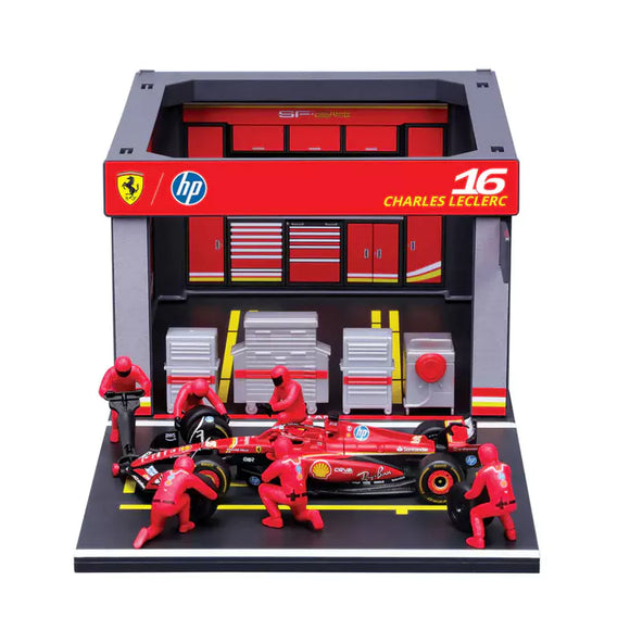 Diorama Ferrari F1 SF-24 Garage Pit Stop Charles Leclerc 2024 1/43 BBURAGO 18-36862-L